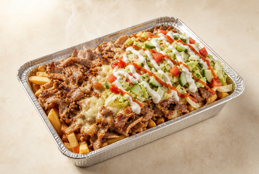 Kapsalon van Grillroom Alexandria: friet met shoarma, gesmolten Goudse kaas, verse salade, knoflooksaus en sambal